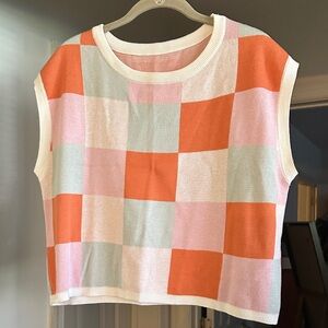 Pink, Mint, White and Coral Checkered Sleeveless Top Size Medium